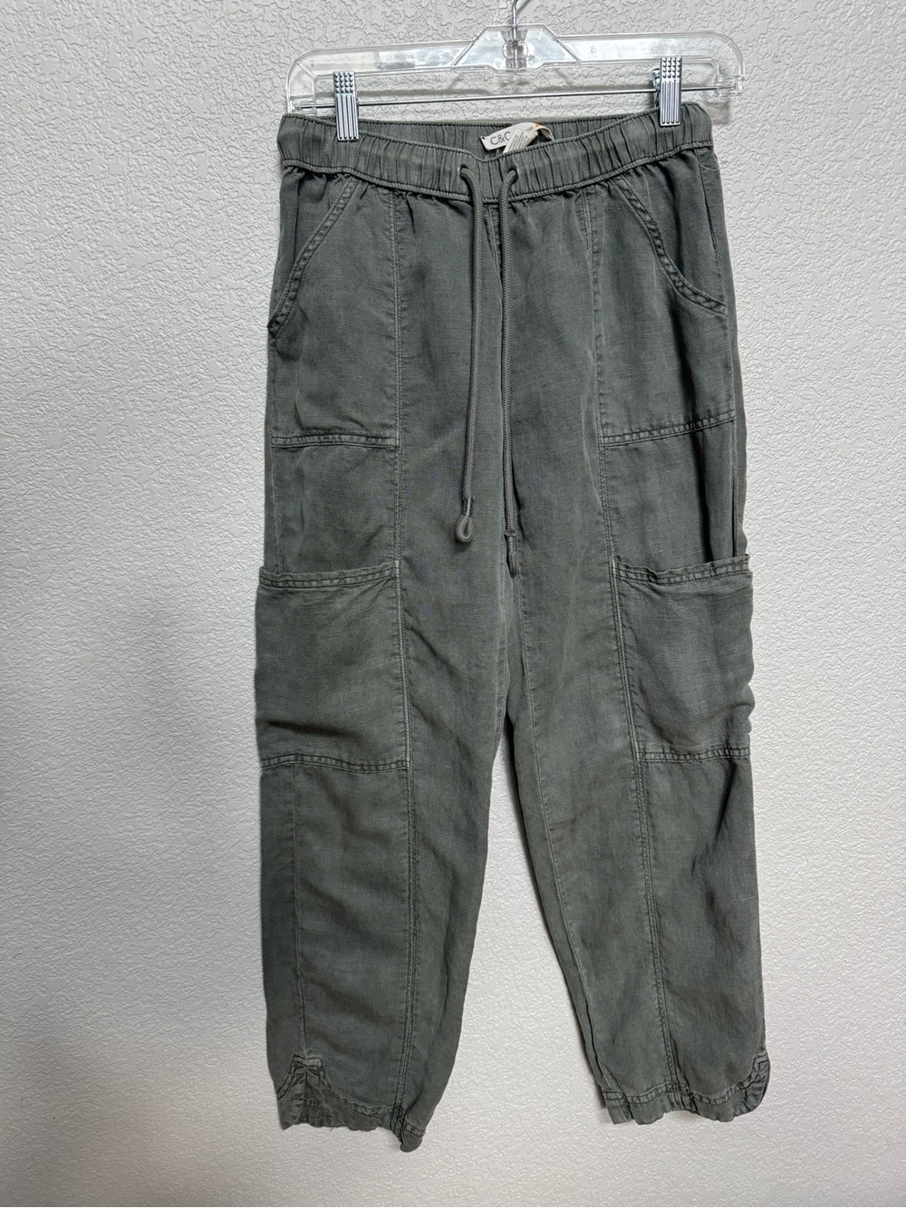 C&C California Linen Blend Cropped Cargo Pant Olive Green Women’s XS Fall